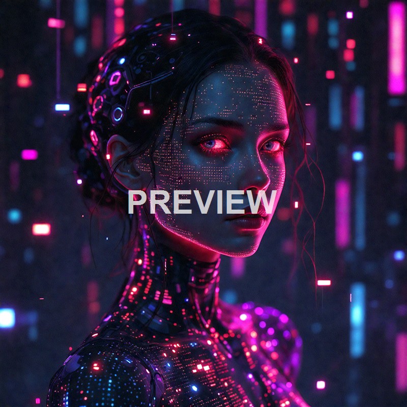A futuristic, cybernetic woman with glowing neon lights and digital patterns on her face and body, set against a dark background with vibrant, colorful digital effects.